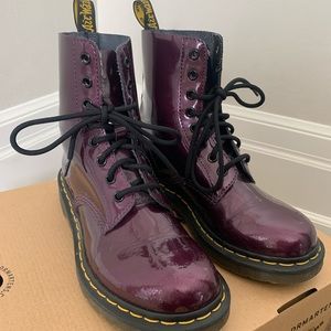 DR. MARTENS 1460 PASCAL PATENT LEATHER LACE UP BOOTS - PURPLE